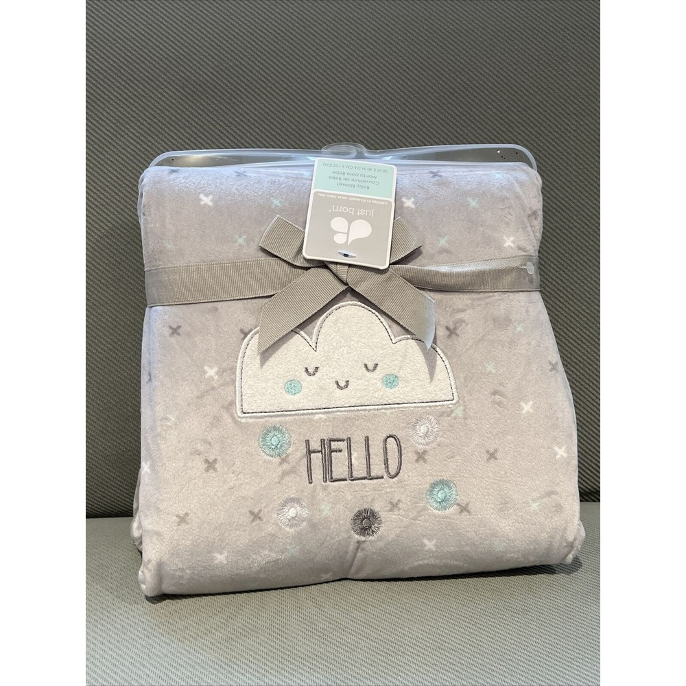 BABY Blanket JUST BORN White Cloud Hello Embroidered Gray Velour Sherpa Reverse